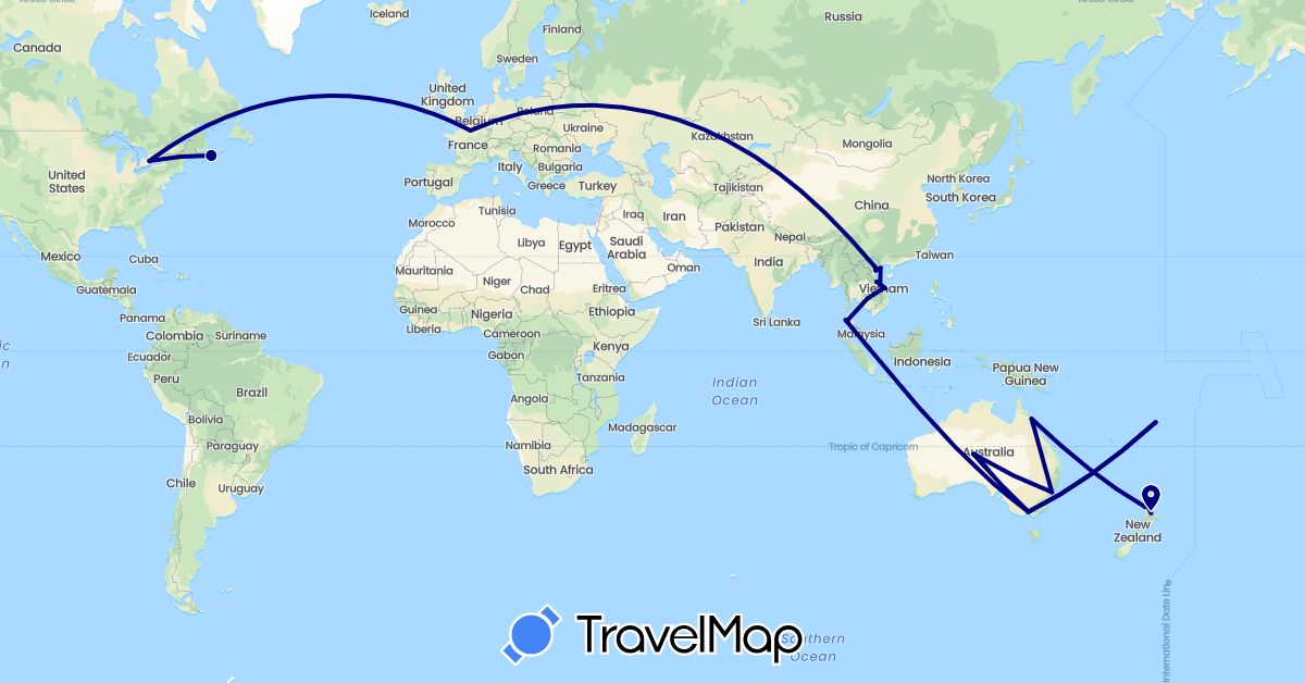 TravelMap itinerary: driving in Australia, Canada, Fiji, France, Cambodia, New Zealand, Singapore, Thailand, Vietnam (Asia, Europe, North America, Oceania)
